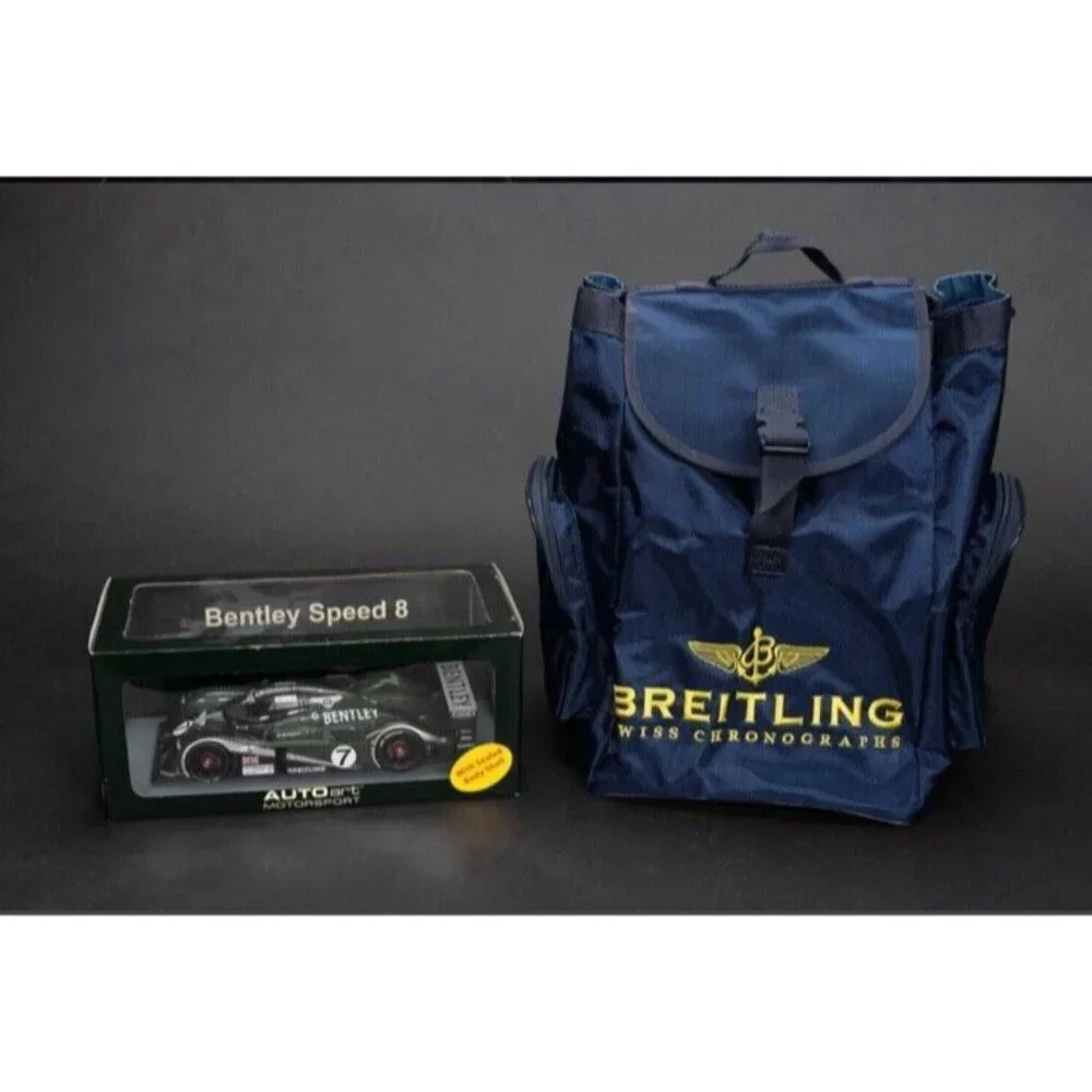Bentley Speed 8 Auto Diecast Model Car & Breitling Watch Knapsack Blue Backpack